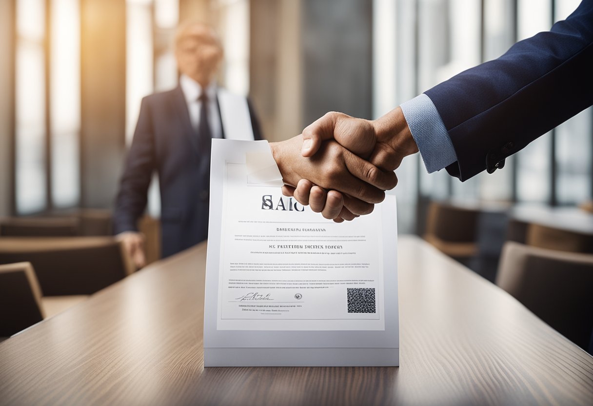 A handshake between two business owners, with a certificate of good standing displayed prominently in the background