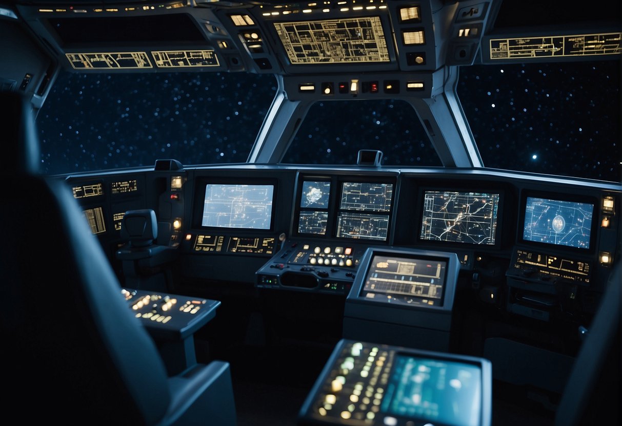 A spacecraft navigation system with glowing control panels and screens, guiding a mission through the vastness of outer space