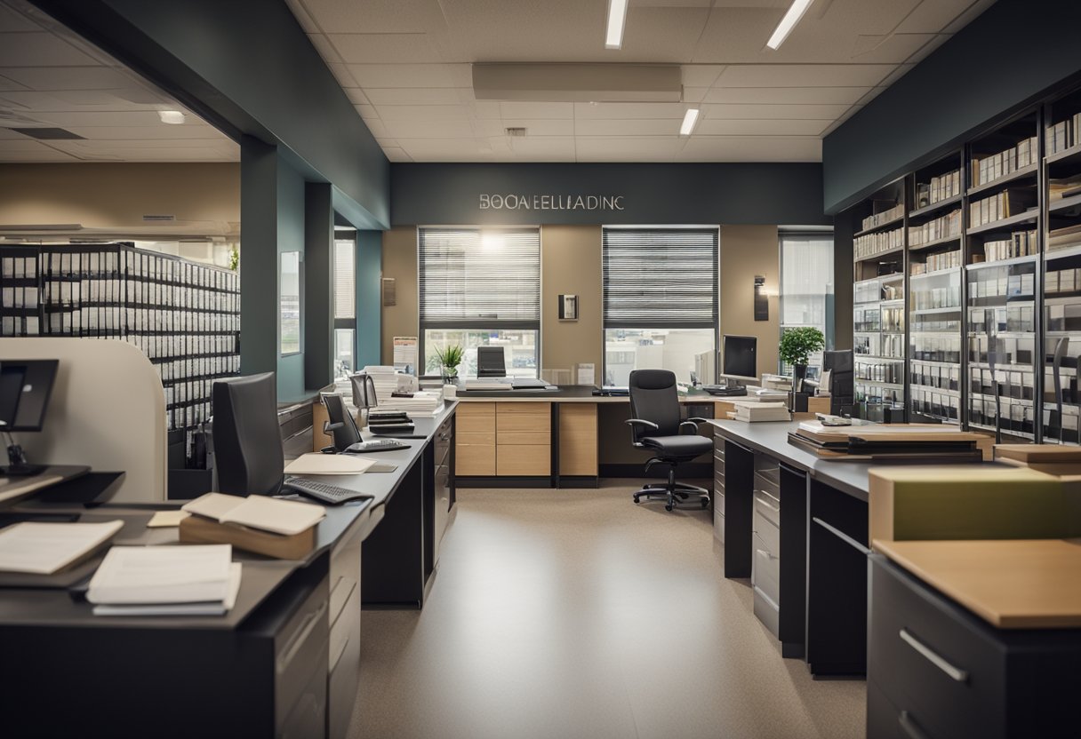 A tidy office with organized financial records and a well-maintained storefront. A "Good Standing" certificate prominently displayed