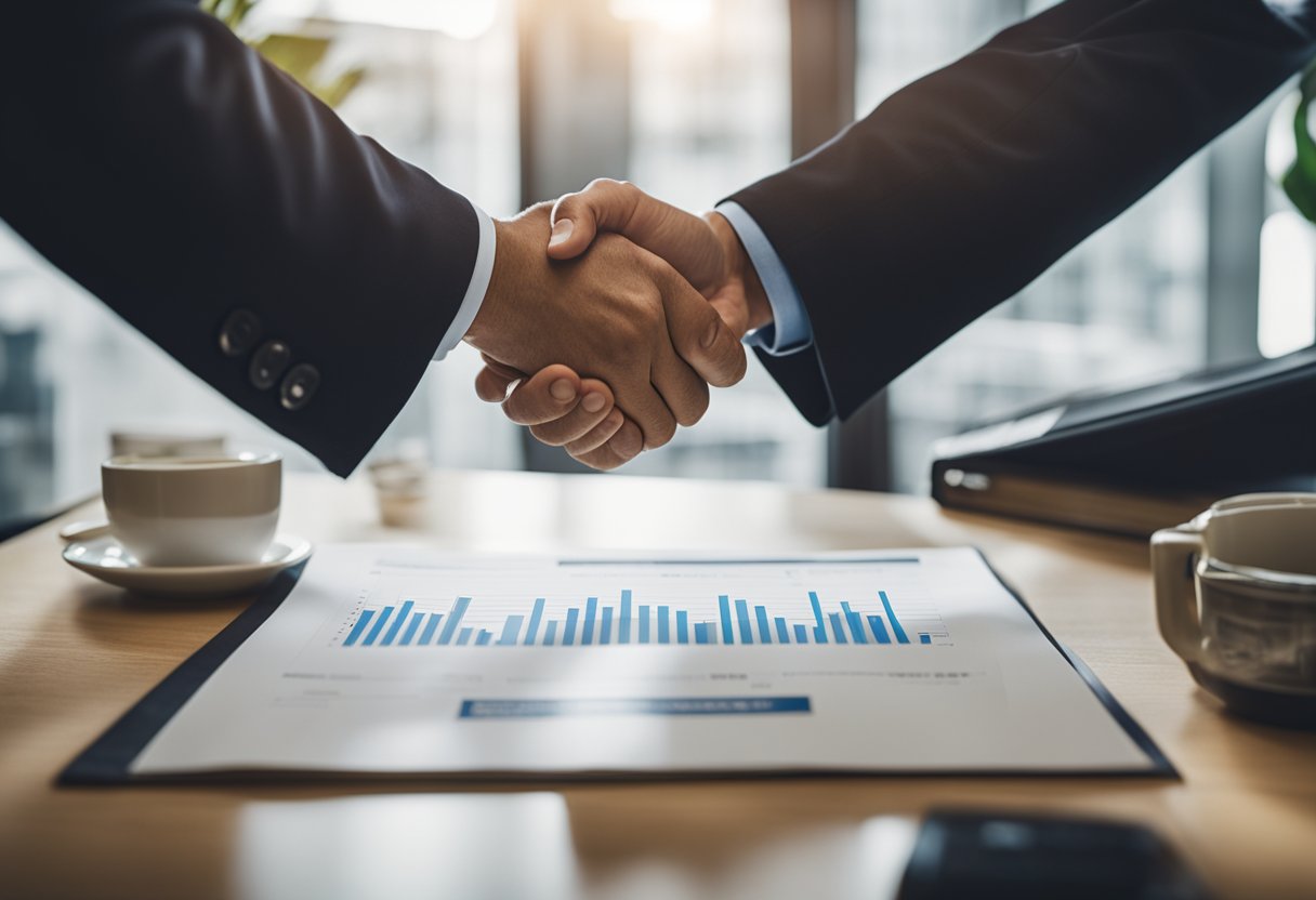 A handshake between two business owners, with a document showing "Good Standing" status in the background