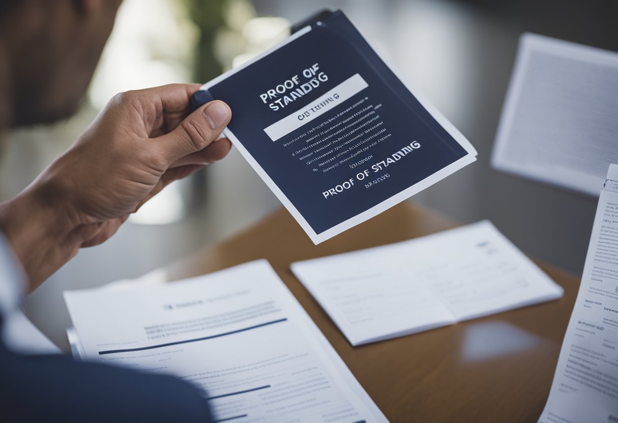 A business owner presents a document labeled "Proof of Good Standing" to a potential buyer, with a "Frequently Asked Questions" brochure nearby