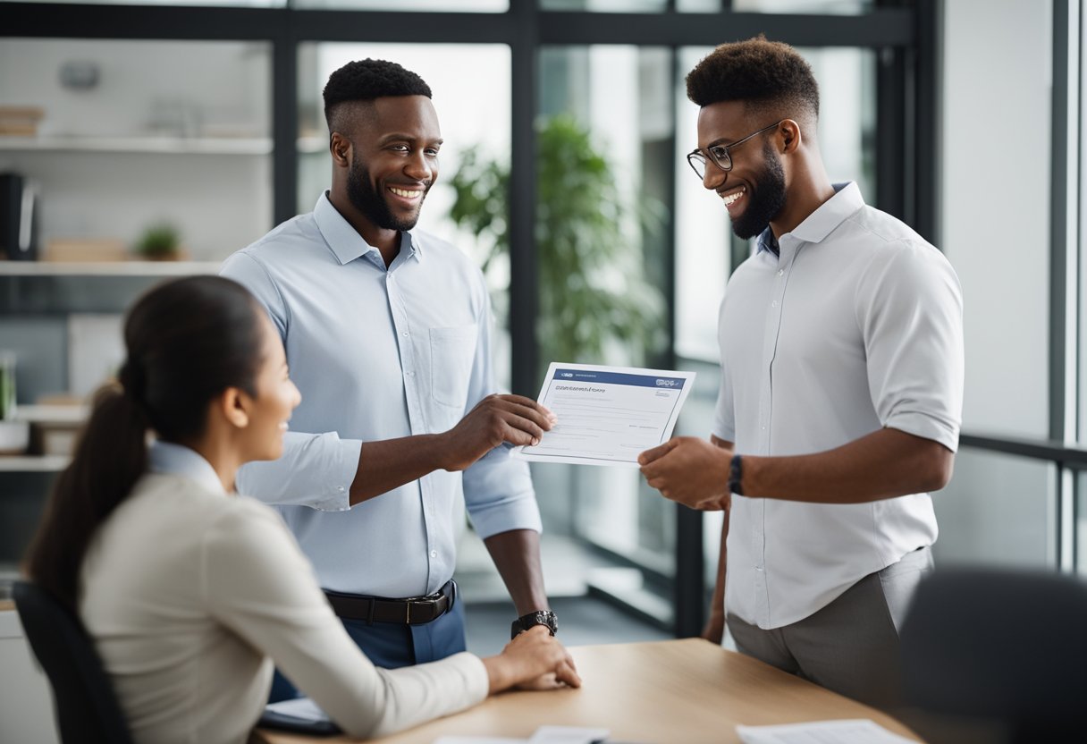 A business owner holds a certificate of good standing while speaking with an insurance agent. The agent reviews the document and nods in approval