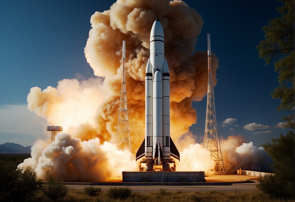 A rocket launches from a spaceport, emitting flames and smoke. Surrounding wildlife and ecosystems are disrupted. Engineers work on developing cleaner, more sustainable propulsion systems