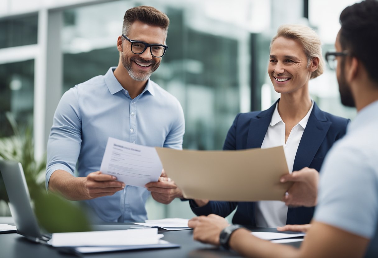 A business owner holds a certificate of good standing while talking to an insurance agent. The agent reviews the document and nods in approval