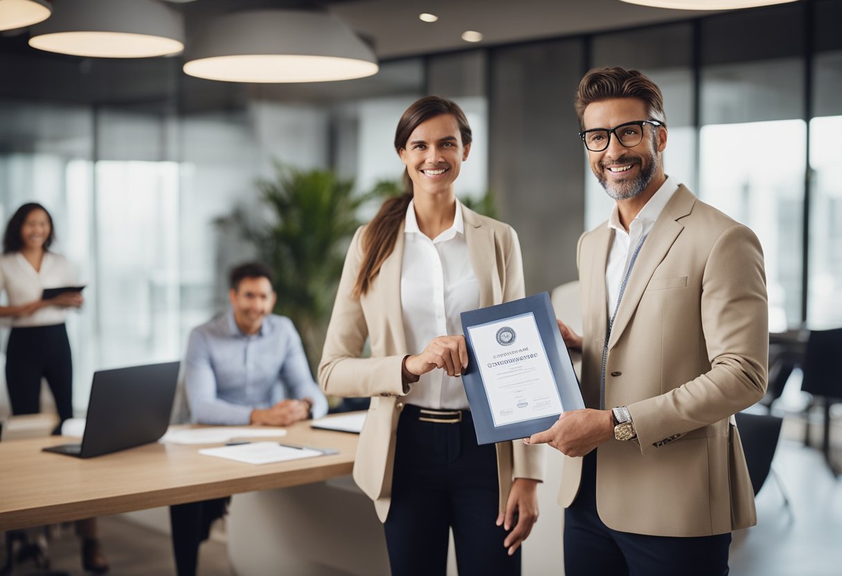 A business owner presenting a certificate of good standing to an insurance agent
