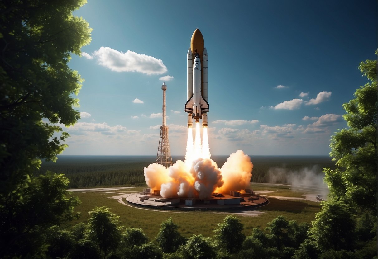 A spacecraft launches from a spaceport, surrounded by greenery and wildlife. Technological innovations reduce environmental impact