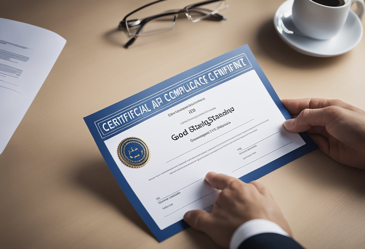 A hand reaching for a certificate with a "Good Standing" label, surrounded by updated compliance documents