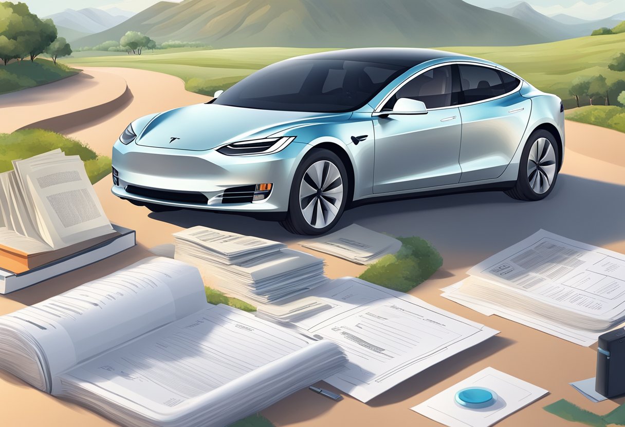 A landscape with a Tesla battery surrounded by regulatory documents and safety standards.

The weight and implications are emphasized through visual cues