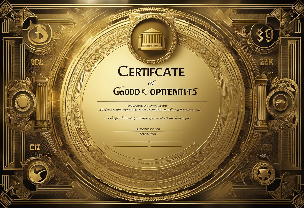 A golden certificate radiates light, surrounded by symbols of growth and success. The words "Certificate of Good Standing" stand out boldly, symbolizing unlocked business opportunities