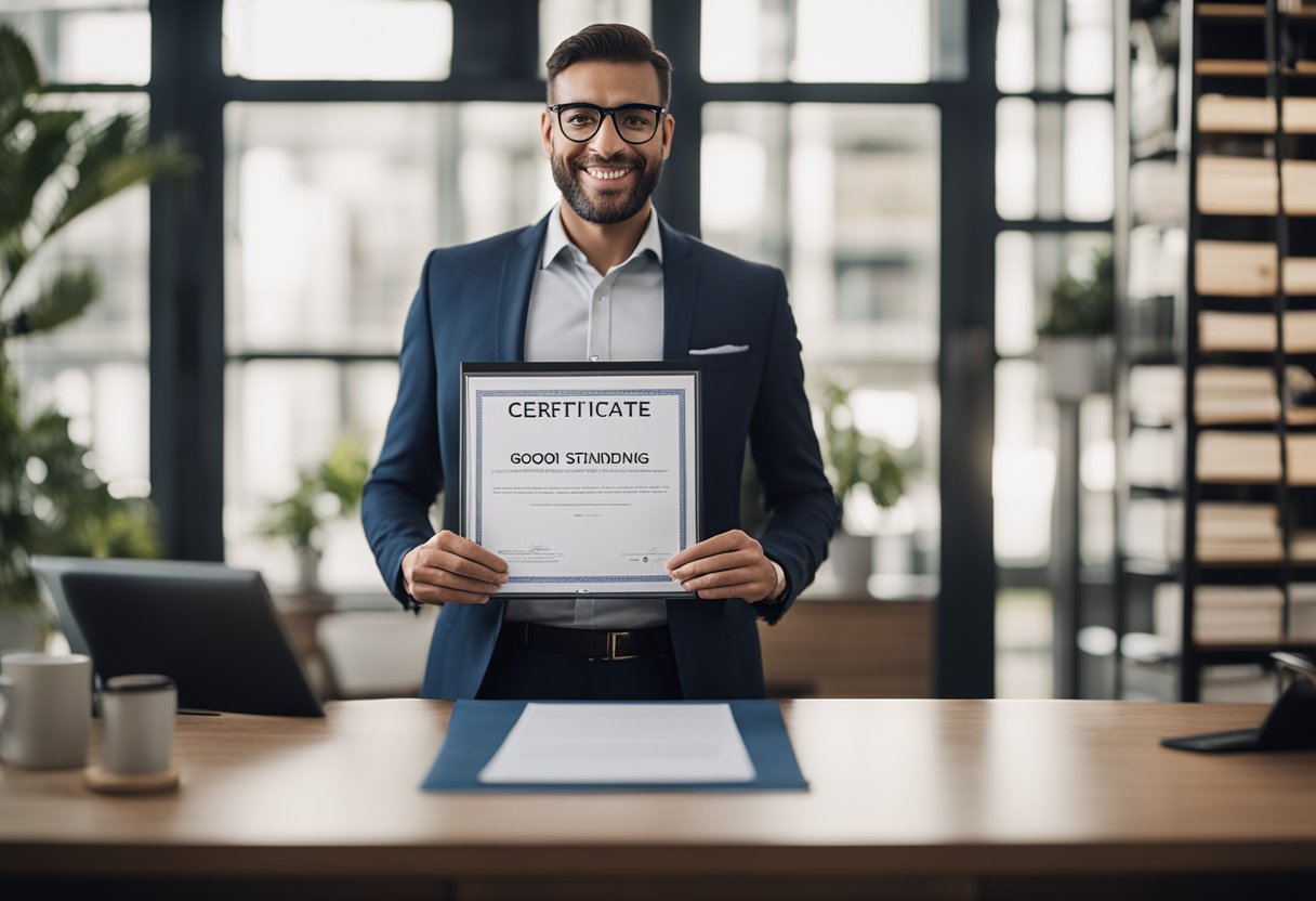 A business owner proudly displays a Certificate of Good Standing on a desk, surrounded by open doors symbolizing new opportunities