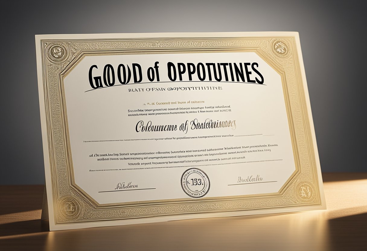 A gleaming certificate of good standing sits atop a desk, casting a powerful shadow, while a beam of light illuminates the words "Unlock Business Opportunities" in bold font