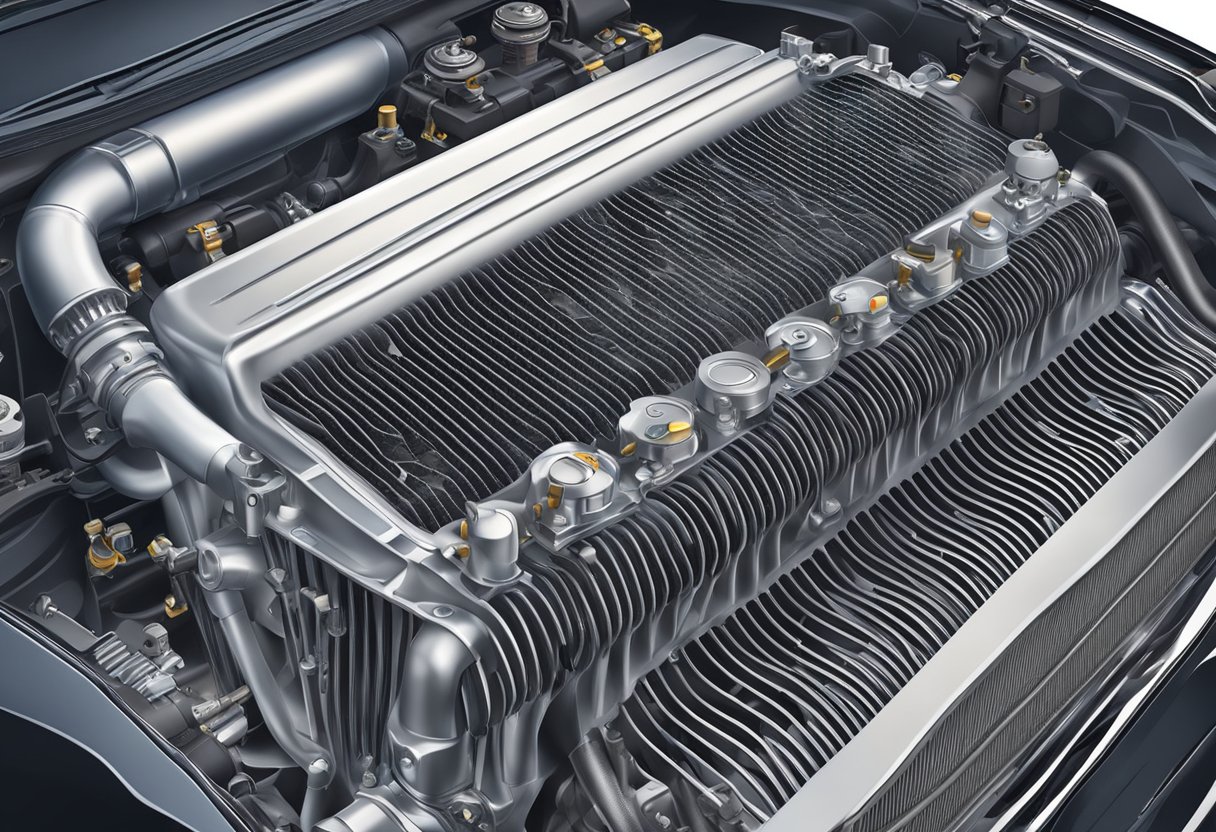 A car radiator emitting steam, with visible cracks and leaks, surrounded by overheated engine components