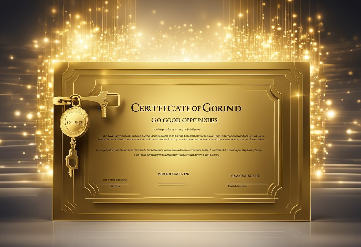 A golden certificate of good standing surrounded by glowing light, with a key unlocking a door to new business opportunities