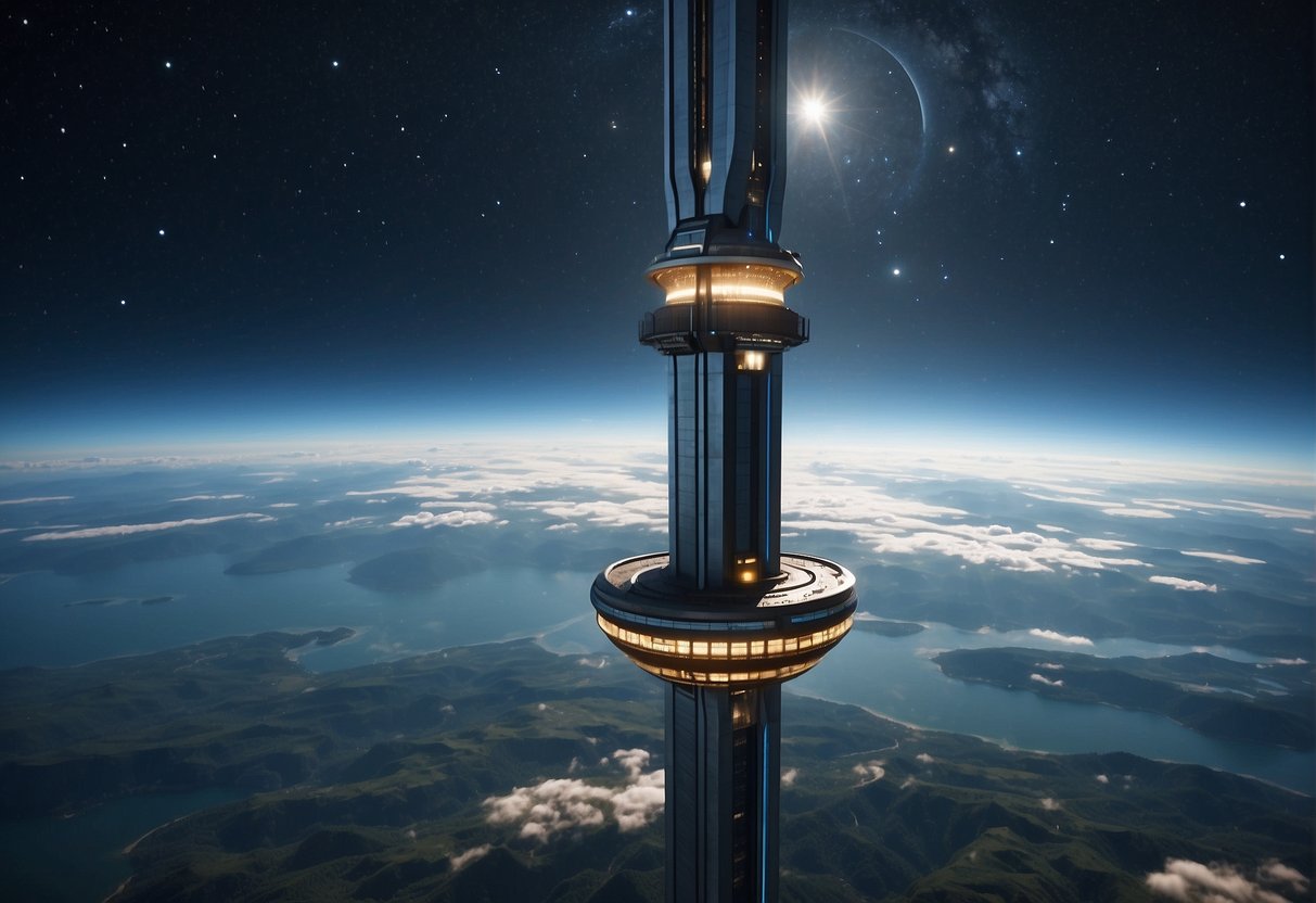 Space Elevators - A space elevator rises from Earth, reaching into the starry sky. A sleek and futuristic structure, it transports cargo and passengers with ease, revolutionizing space access