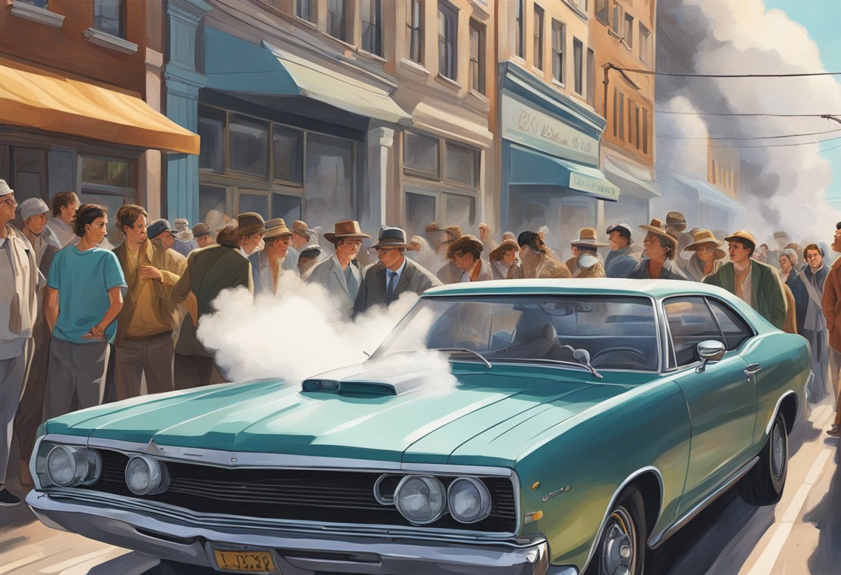 A car with steam coming from the hood, surrounded by concerned onlookers