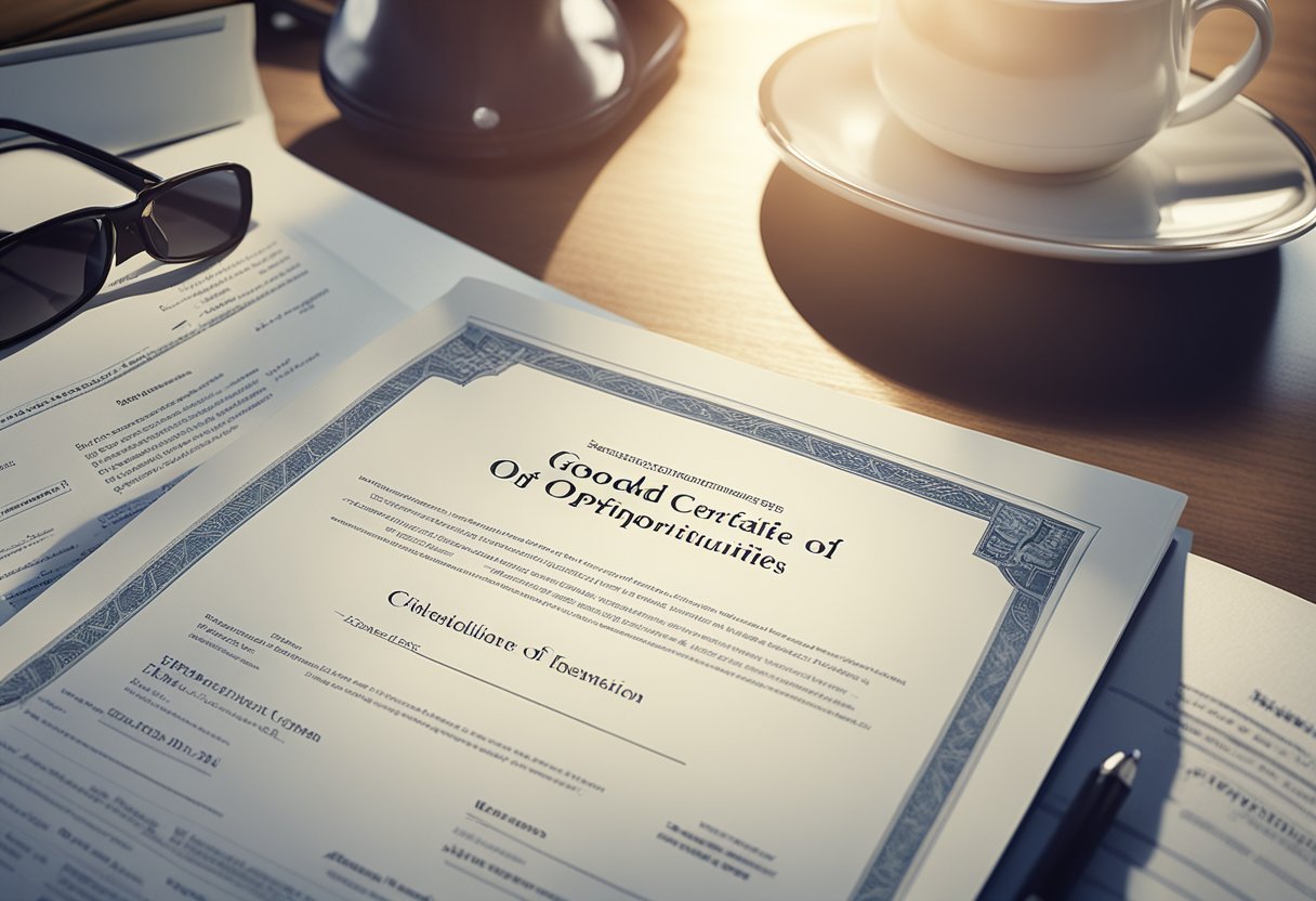 A business certificate of good standing sits prominently on a desk, surrounded by open books and a laptop, symbolizing the unlocking of new opportunities