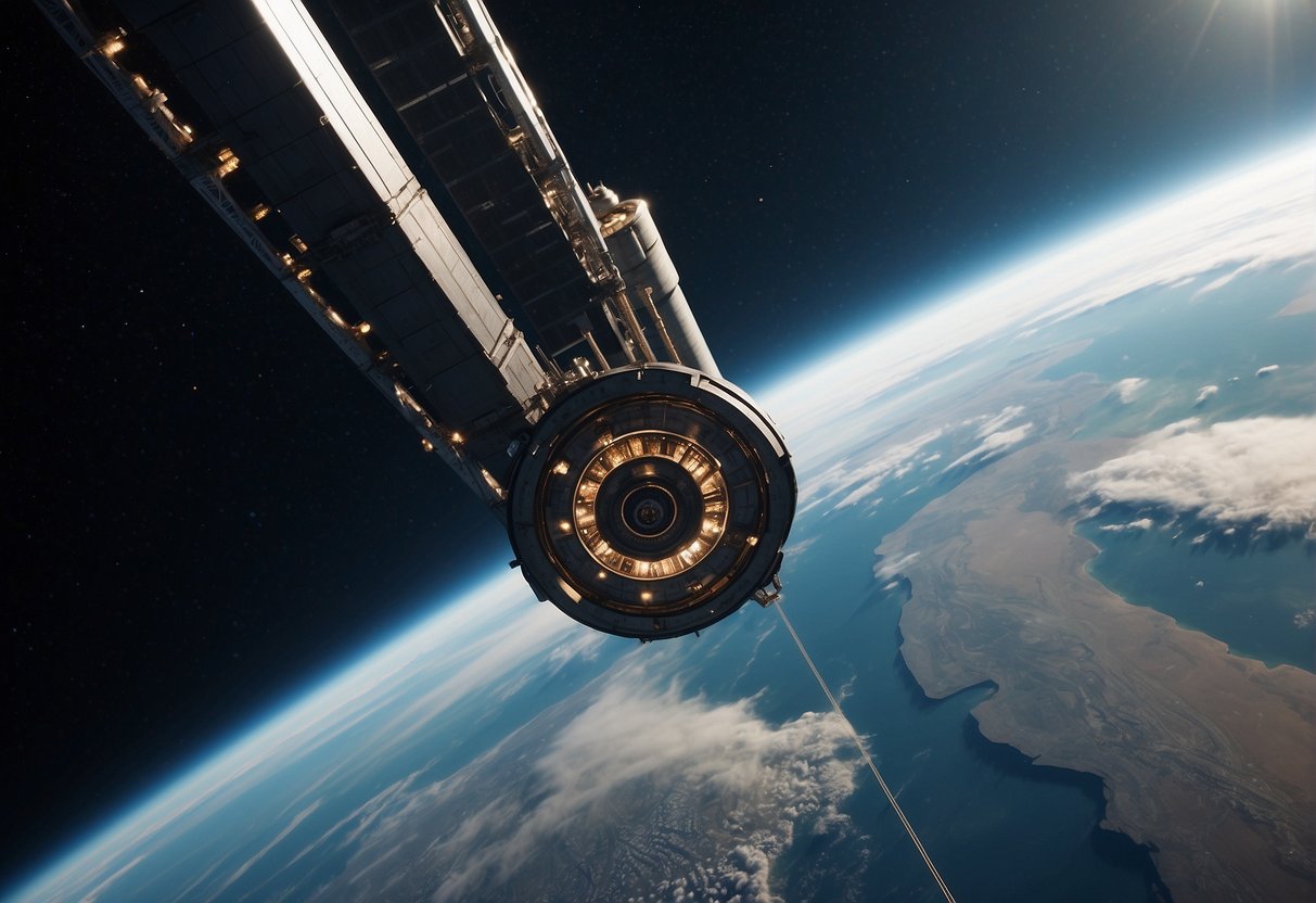 A towering space elevator stretches from Earth's surface into the vastness of space, with a counterweight floating high above, connected by a strong, taut cable. The Earth below is visible, with the curvature of the planet and the blackness of