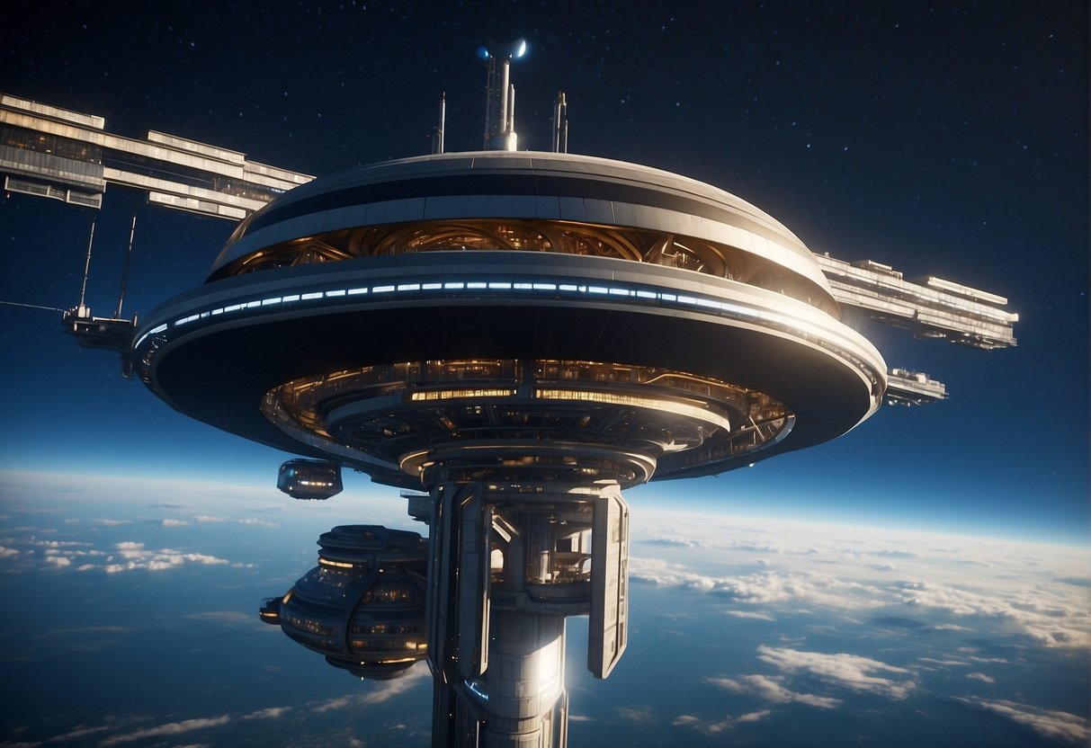 A towering space elevator stretches into the sky, with sleek, futuristic components and a sturdy base anchored to the Earth. The design showcases advanced technology and efficient space access