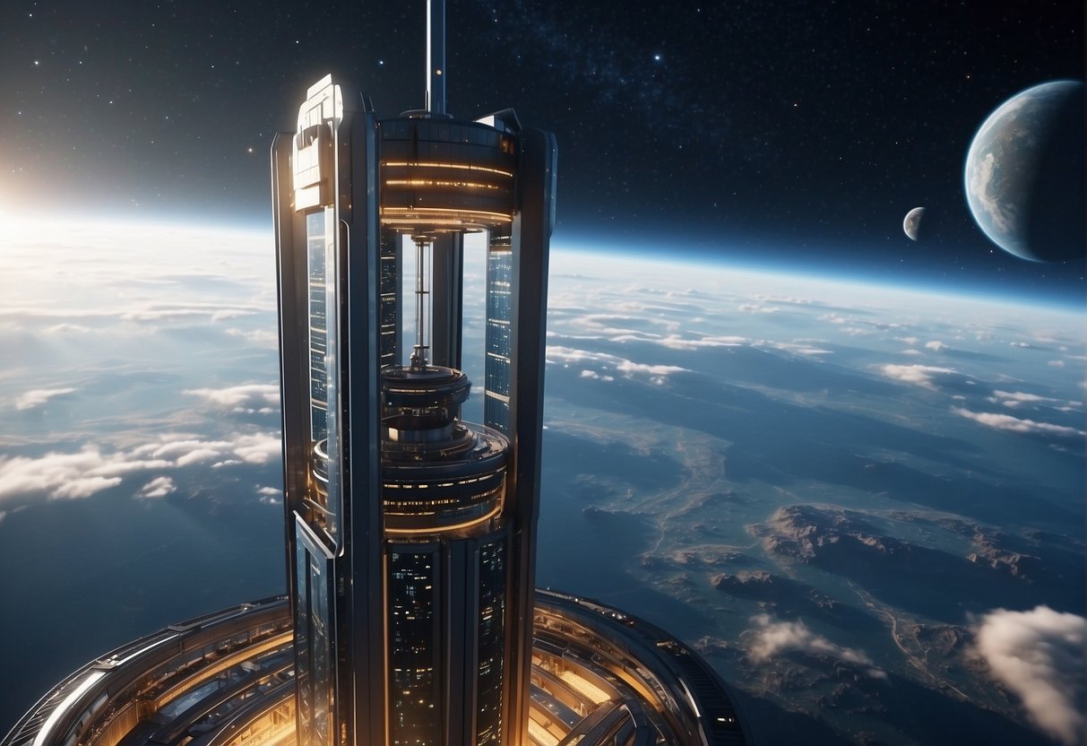 A towering space elevator extends into the starry sky, with advanced materials and technology visible in the design