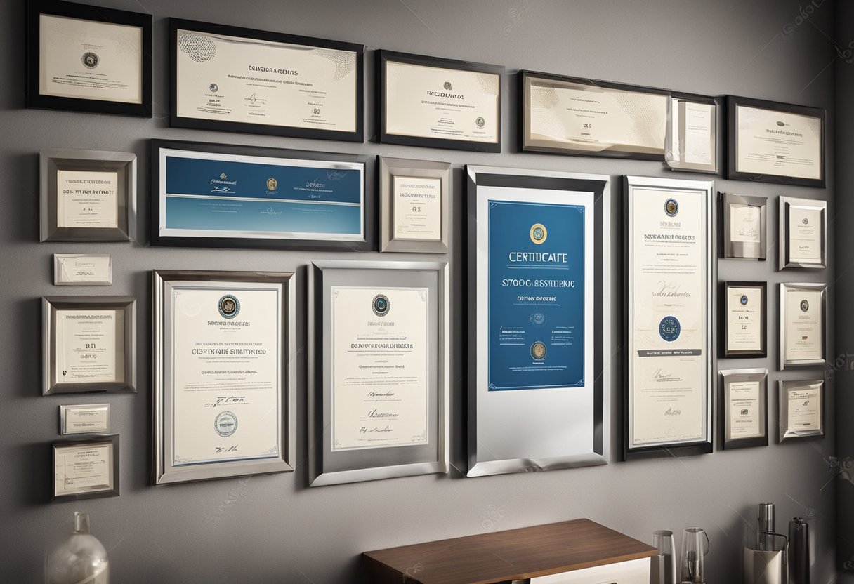 A business certificate hangs on a wall, surrounded by professional awards and accolades. The certificate of good standing stands out, symbolizing credibility