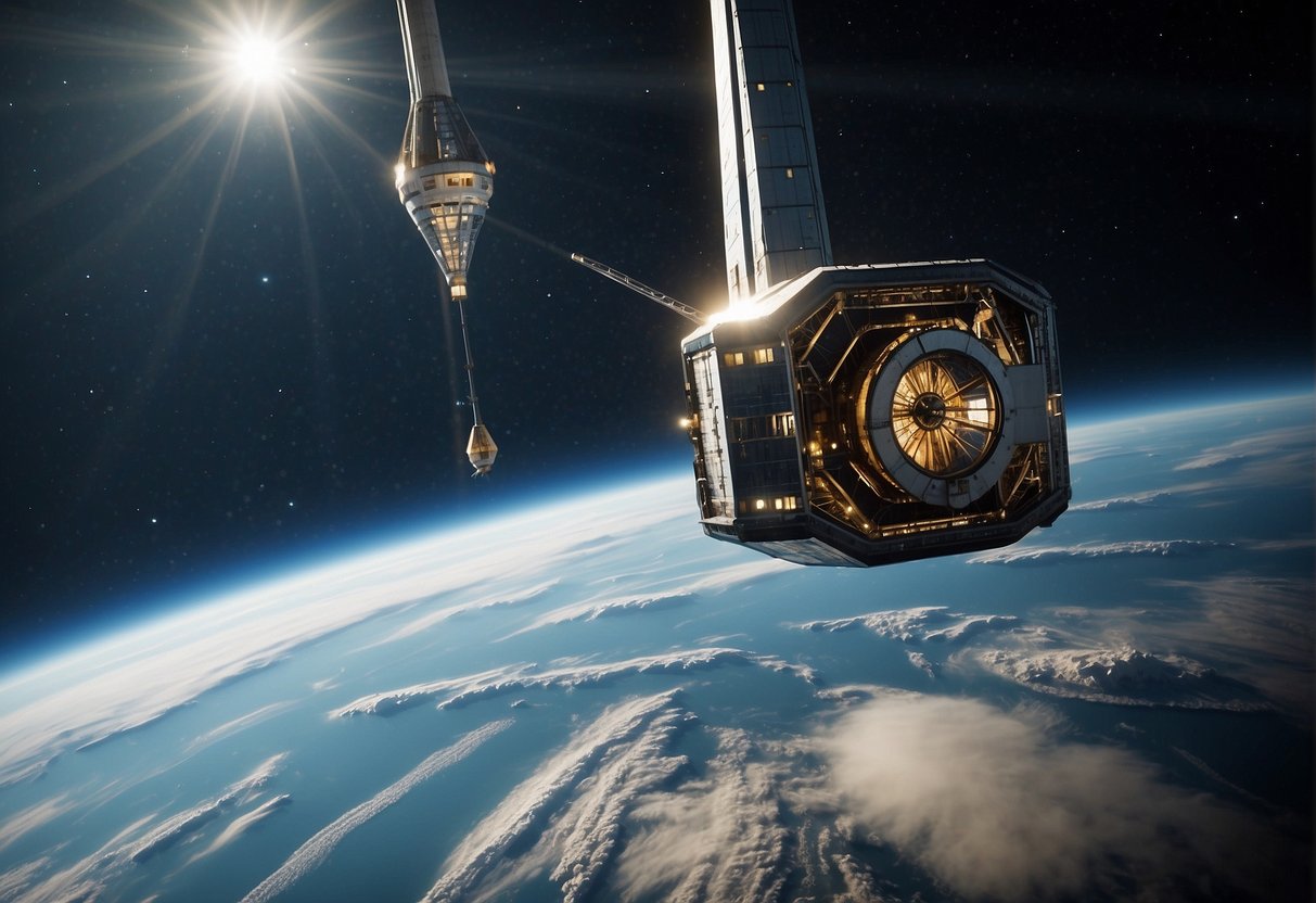 A space elevator extends from Earth's surface into space, with a counterweight in orbit. Cargo and passengers travel up and down the tether, providing efficient and cost-effective access to space