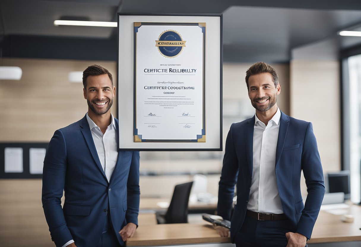 A business owner proudly displays a Certificate of Good Standing on their office wall, symbolizing credibility and compliance. The document is framed and prominently positioned, conveying trust and reliability to clients and partners