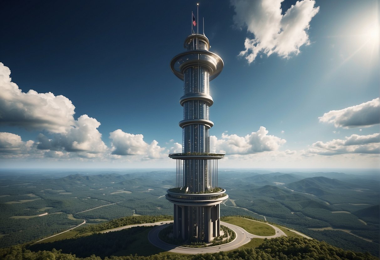 A space elevator stretches from Earth's surface into the sky, supported by a massive anchor and counterweight. Advanced technology and safety measures are visible throughout the structure