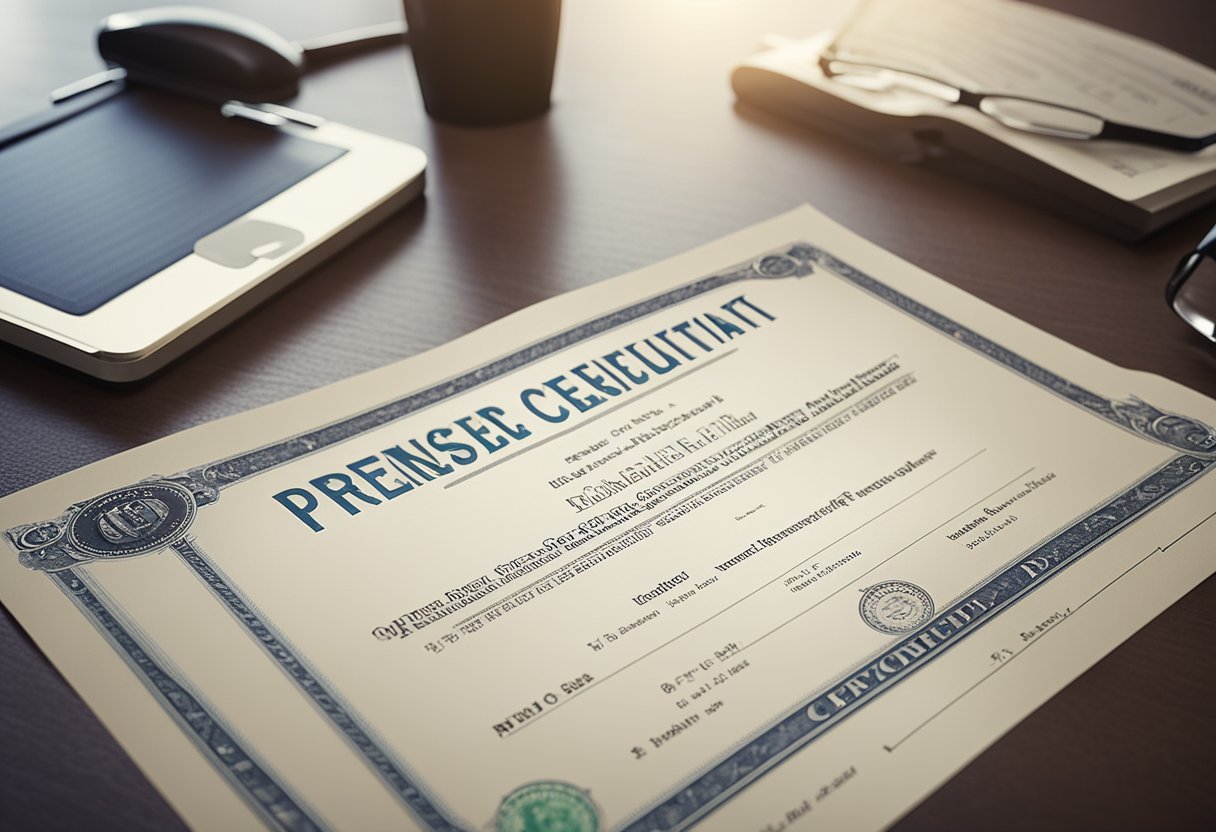 A business certificate displayed prominently in an office setting, surrounded by financial documents and operational charts, symbolizing credibility and compliance