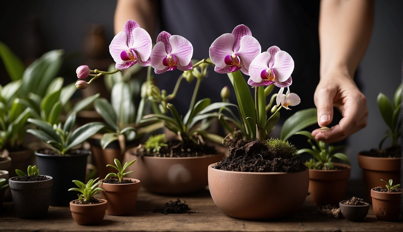 A hand holding a small pot with a healthy phalaenopsis orchid, surrounded by pots with new orchid plantlets and propagation tools