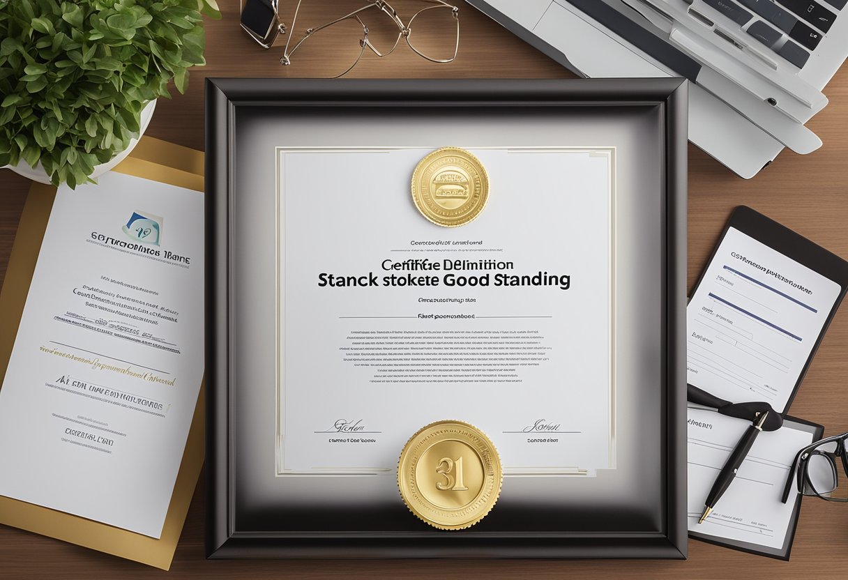 A certificate of good standing displayed prominently in a business office, surrounded by professional documents and awards, exuding credibility and trustworthiness