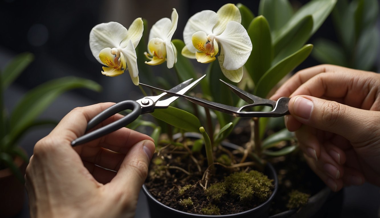 A hand holding a healthy Phalaenopsis orchid stem, with a pair of sterilized scissors cutting a node to be used for propagation