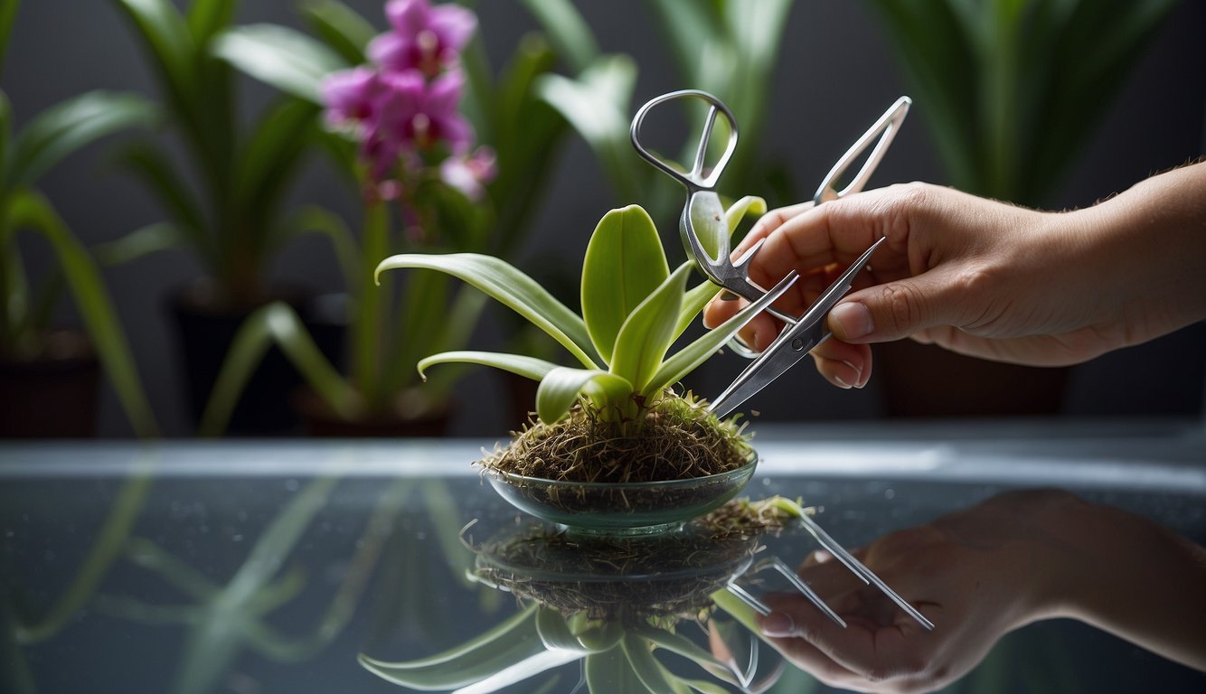 A hand holding a pair of sterilized scissors cuts a healthy stem from a mature orchid plant.

The stem is then divided into sections, each containing at least three nodes. The sections are placed in a clean, well-draining medium to root and
