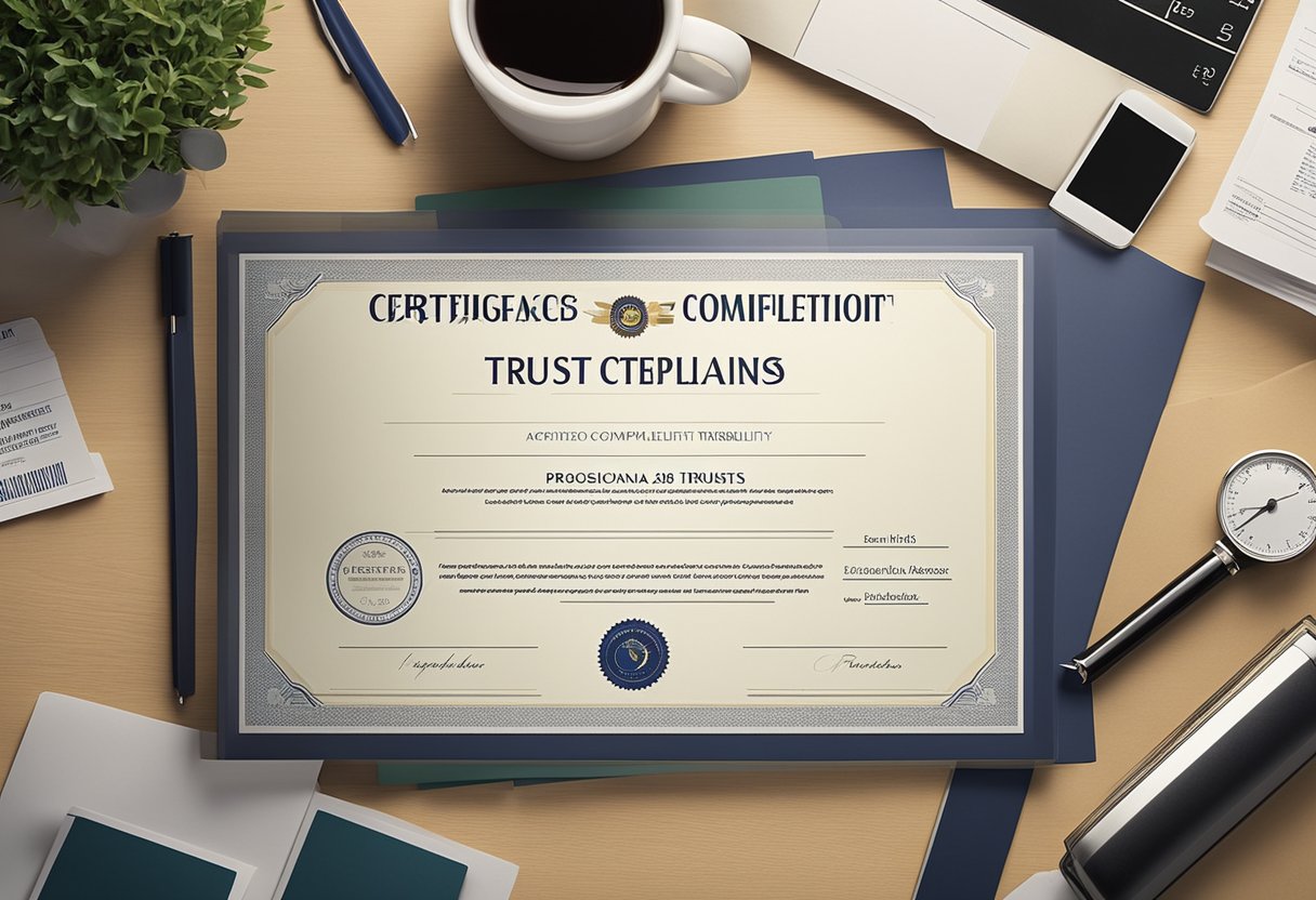 A business certificate displayed prominently, surrounded by growth charts and compliance documents, exuding credibility and trustworthiness