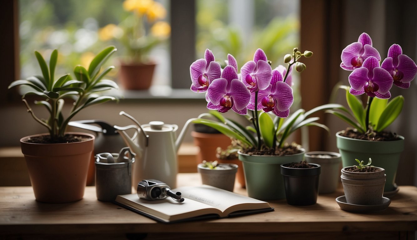 An orchid propagation guidebook open on a table, surrounded by pots, soil, and small orchid plants.

A pair of pruning shears and a watering can sit nearby