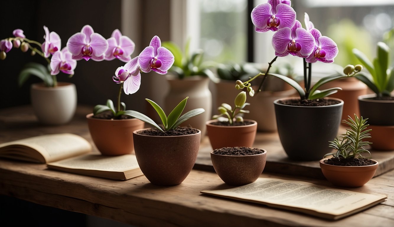A table with pots, soil, and orchid cuttings.

A book titled "Orchid Propagation Made Easy" open to a page with step-by-step instructions