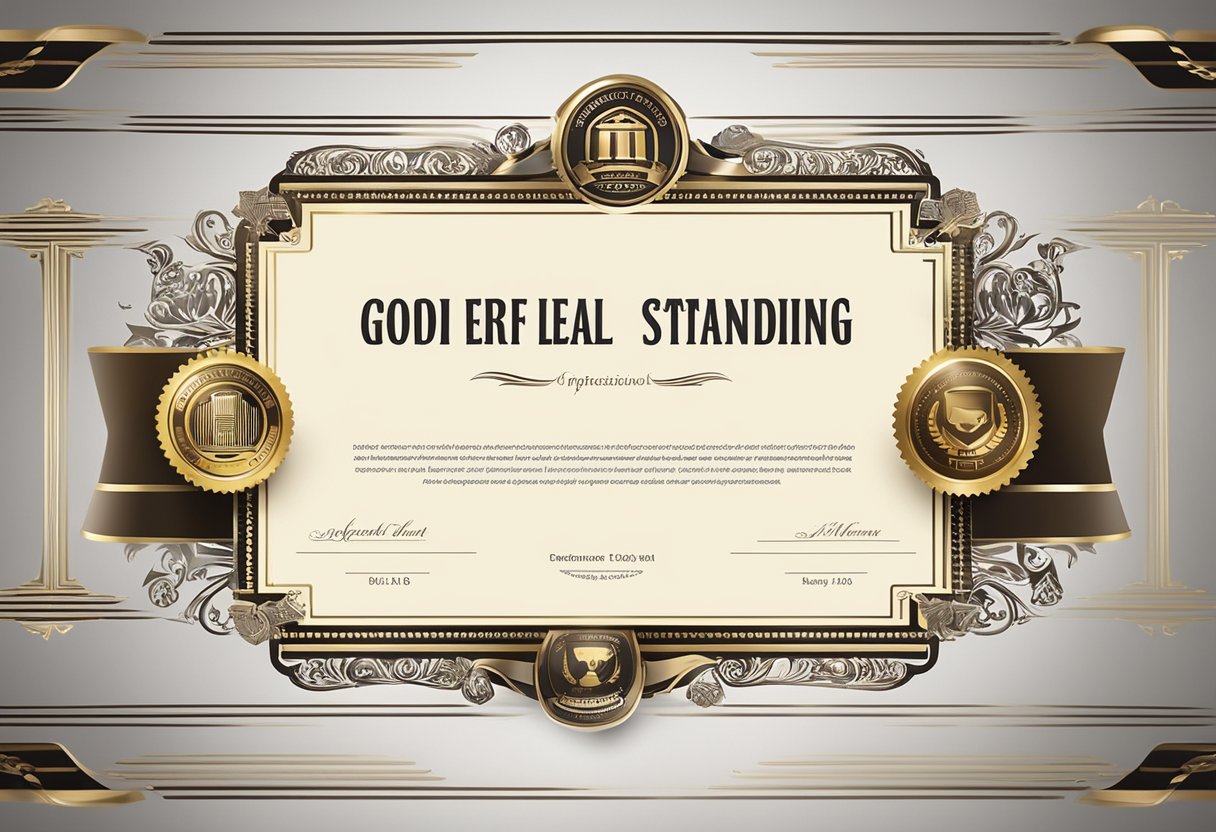 A business logo displayed prominently on a certificate of good standing, surrounded by professional accolades and legal seals