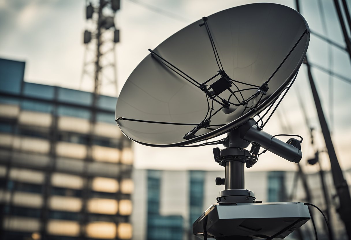 A satellite dish pointing towards the sky, with cables connected to a set-top box and a TV. The screen displays a variety of IPTV channels