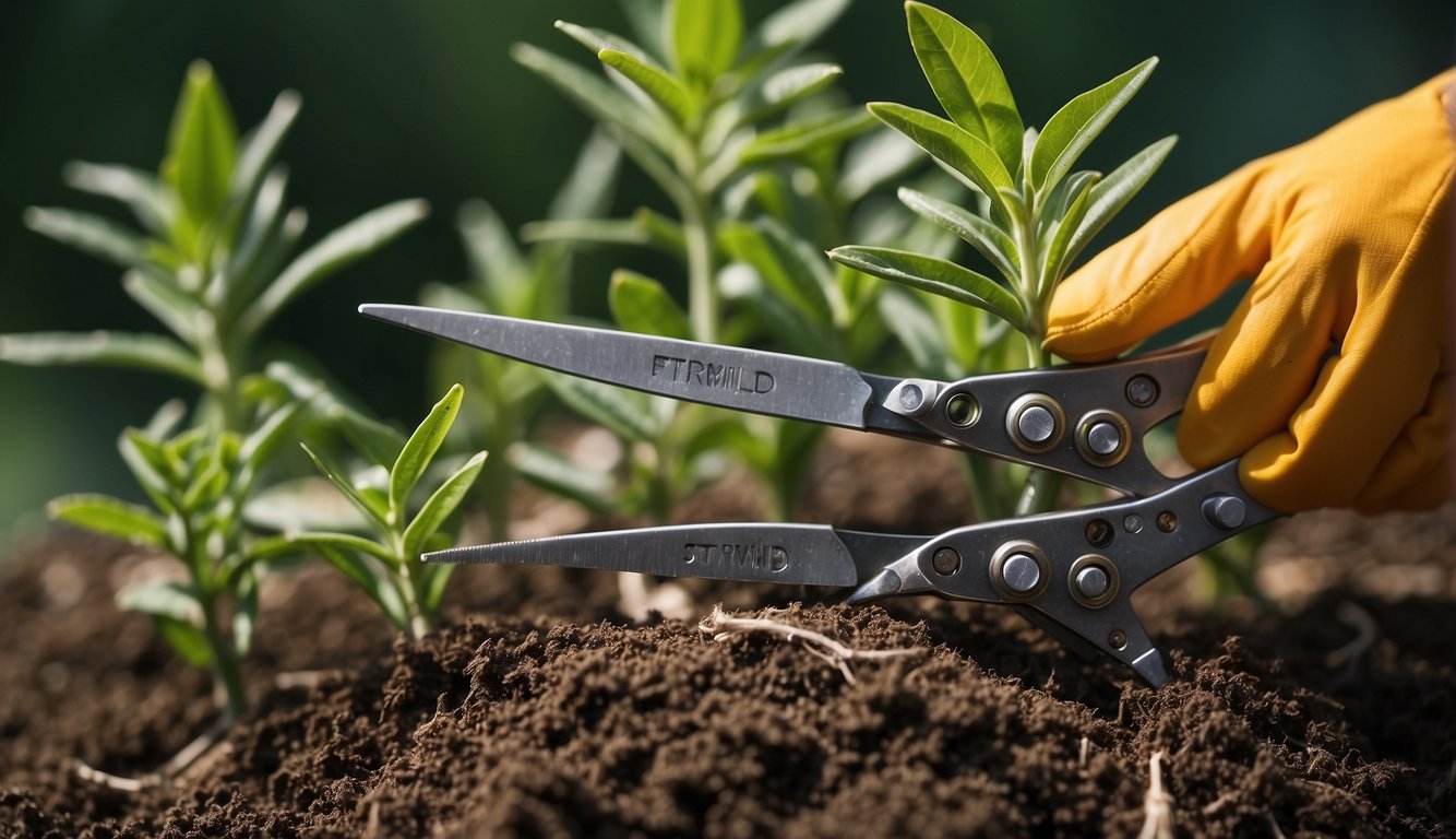 A pair of sterilized pruning shears carefully cuts the healthy pseudobulb from the mother plant, making sure to leave at least three healthy growths on each division