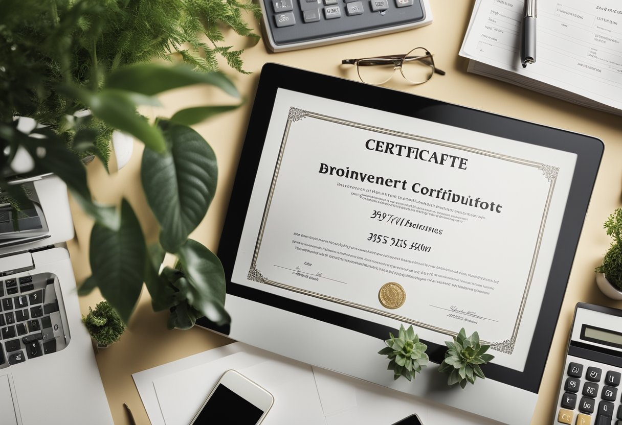 A business certificate displayed on a desk, surrounded by growth-related objects like a plant, calculator, and charts