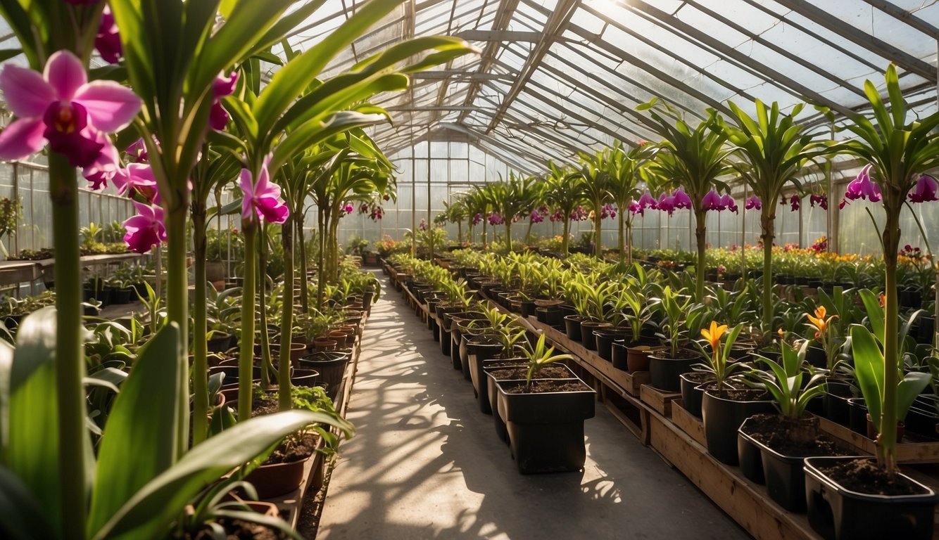 A bright, airy greenhouse with rows of cattleya orchids in various stages of growth.

A table displays tools, pots, and trays of cuttings and divisions. Sunlight filters through the glass roof, illuminating the vibrant greenery