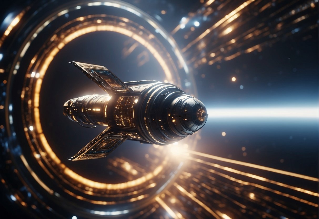 A sleek spacecraft glides through space, surrounded by a shimmering force field generated by advanced quantum technology, ensuring enhanced performance and safety