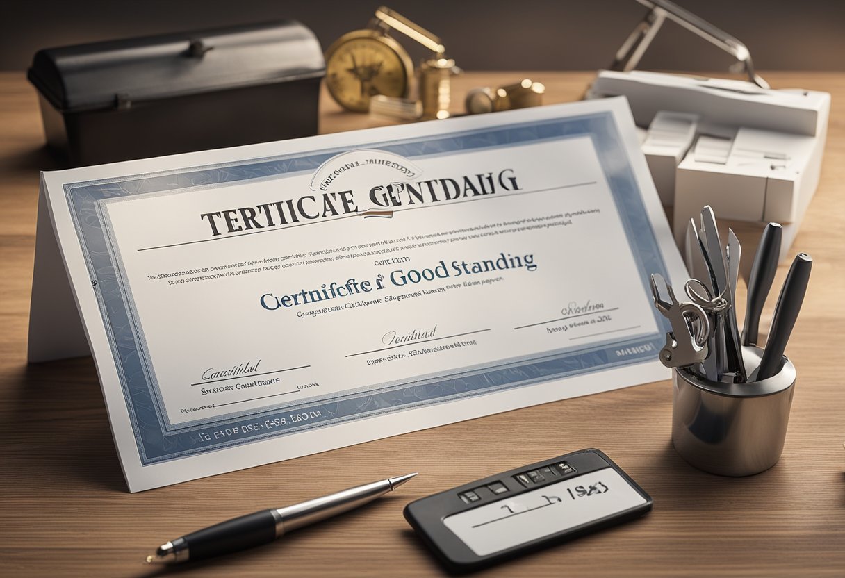 A certificate of good standing sits on a desk next to a growth chart and a toolbox, symbolizing its essential role in business growth