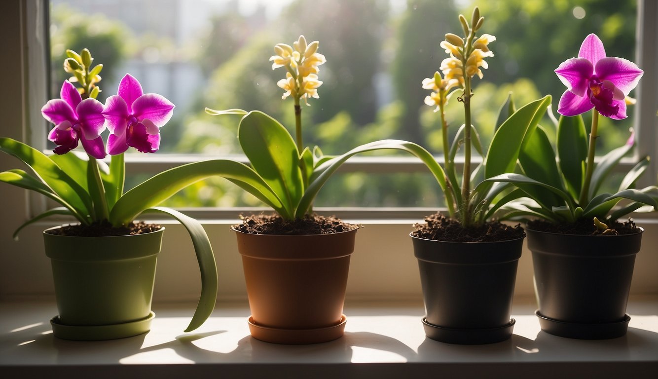 Lush green cattleya plants in pots, arranged on a sunlit windowsill.

A watering can and a bottle of fertilizer sit nearby. The plants are thriving and blooming with vibrant, colorful flowers