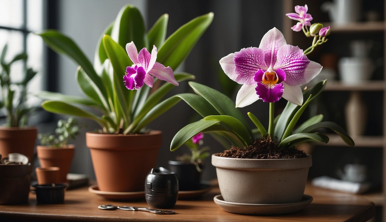 A cattleya orchid in a pot with healthy green leaves and a vibrant, blooming flower.

Surrounding the pot are various tools and supplies for orchid cultivation