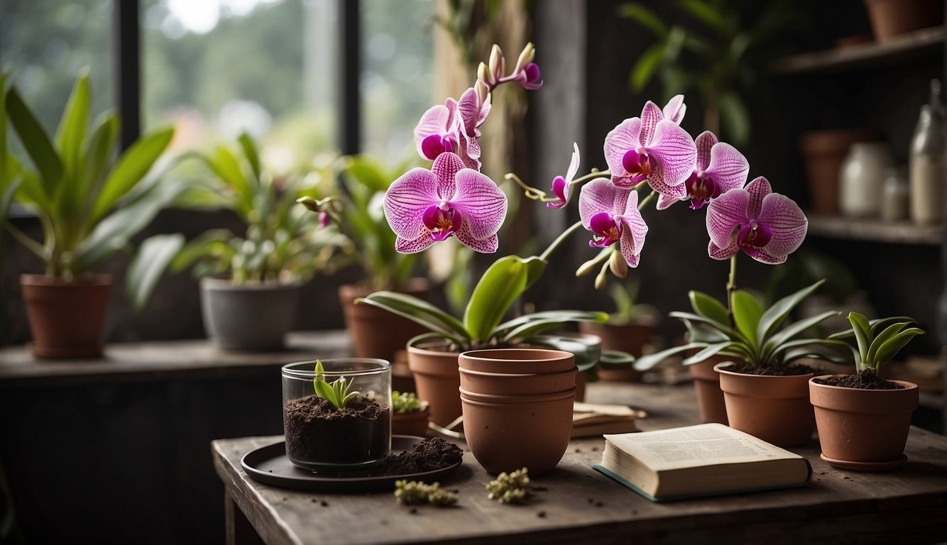 A table with pots, soil, and orchid cuttings.

A book titled "Cattleya Orchid Cultivation Secrets" open to a page on growing from cuttings and divisions