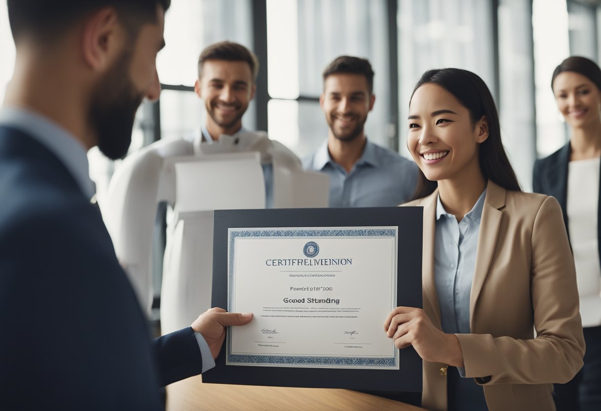 A person receiving a certificate of good standing from a government office. The certificate is being handed over with a smile, and the person is holding it with a sense of accomplishment