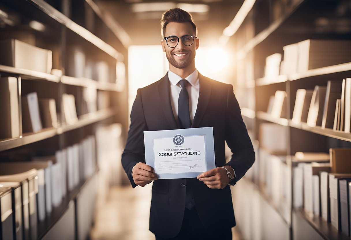 A business owner holding a Certificate of Good Standing, surrounded by legal documents and a shining light representing clarity and understanding