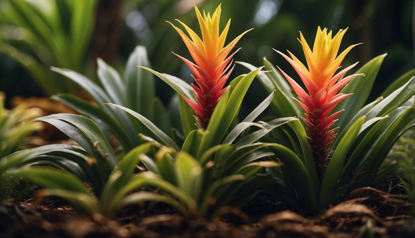 A mature bromeliad plant with pups emerging from the base, surrounded by lush tropical foliage, vibrant flowers, and a warm, humid environment