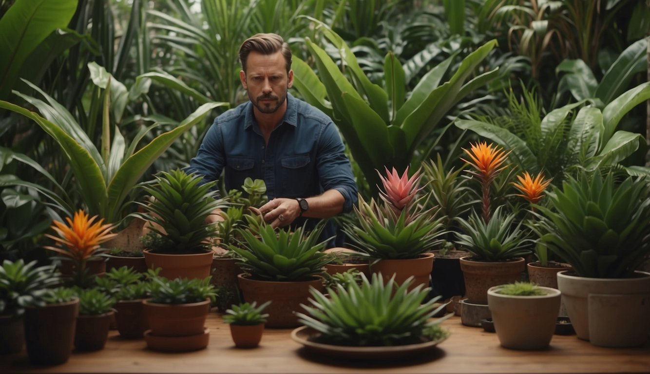 Lush tropical foliage surrounds a table with Aechmea and Guzmania bromeliads.

A gardener carefully propagates the plants, surrounded by pots, soil, and gardening tools