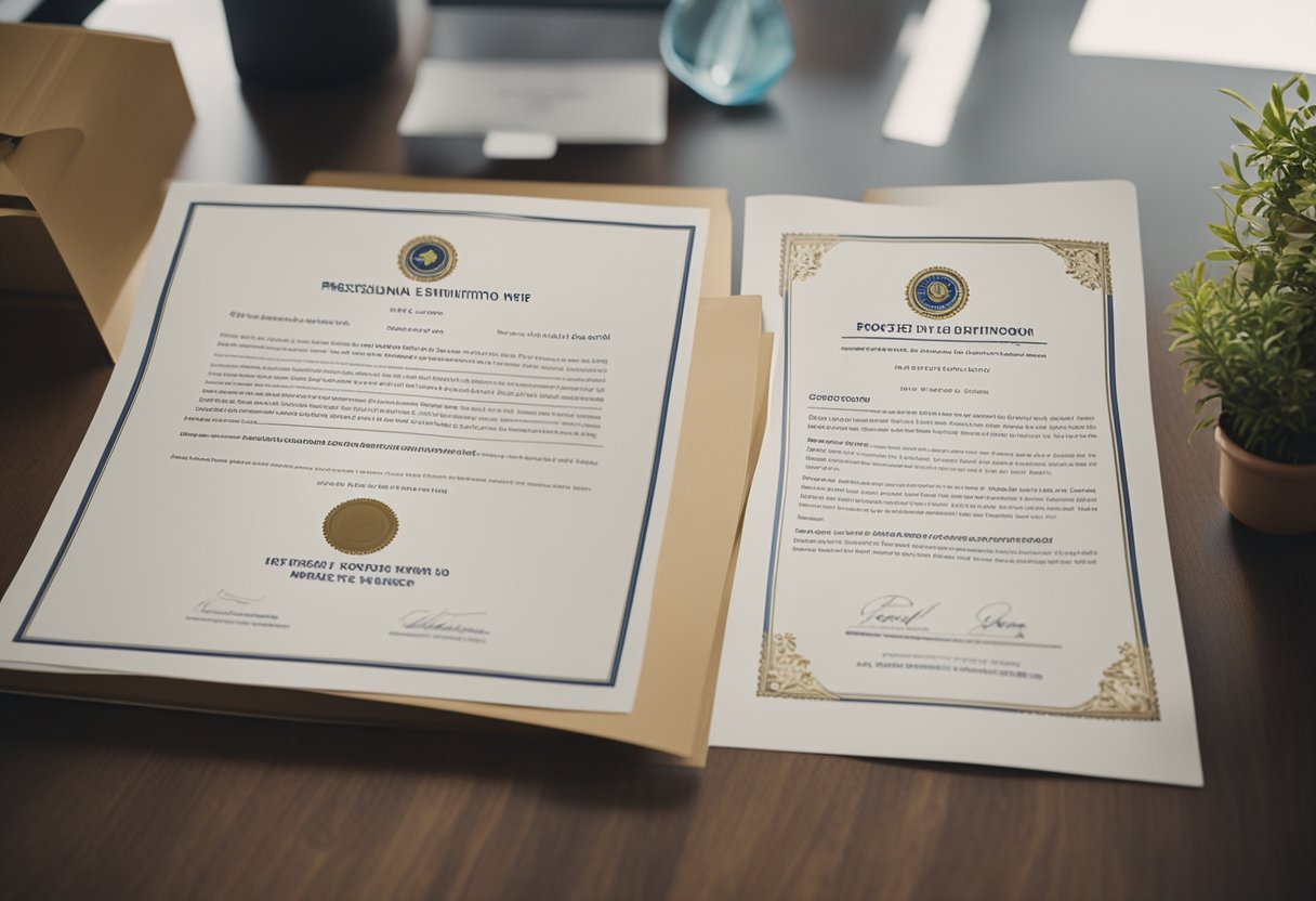 A business owner submits paperwork to a government office, receives a Certificate of Good Standing, and proudly displays it in their office